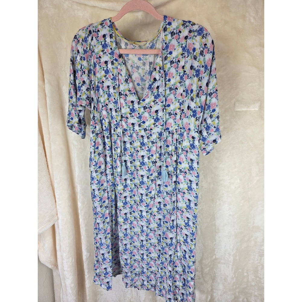 Boden Floral Tassel Tie Shift Dress Petite 4P Blue Pink White Elbow Sleeve Mini